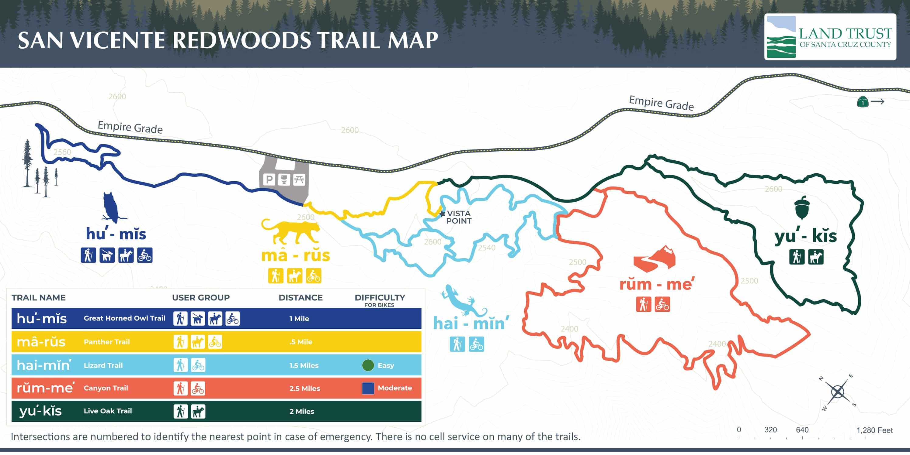 San Vicente Redwoods Trail Map 2023, courtesy Land Trust of Santa Cruz County.