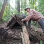The rudiments of a debris shelter: sticks, leaves and elbow grease.