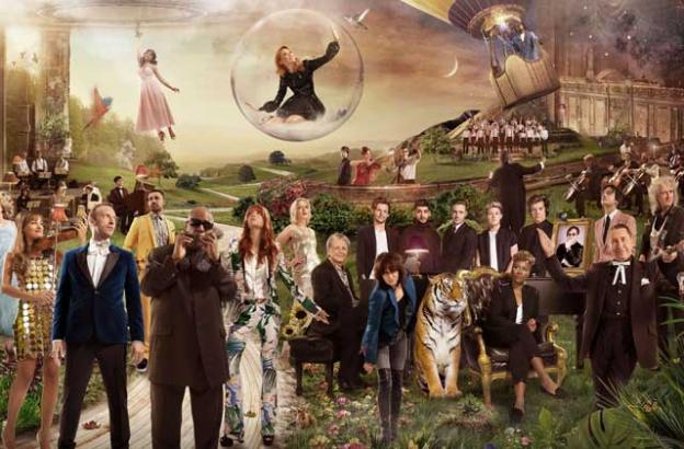 Beach Boy Brian Wilson (at right in foreground) is joined by dozens of mostly-British sngers in this surreal video (below).