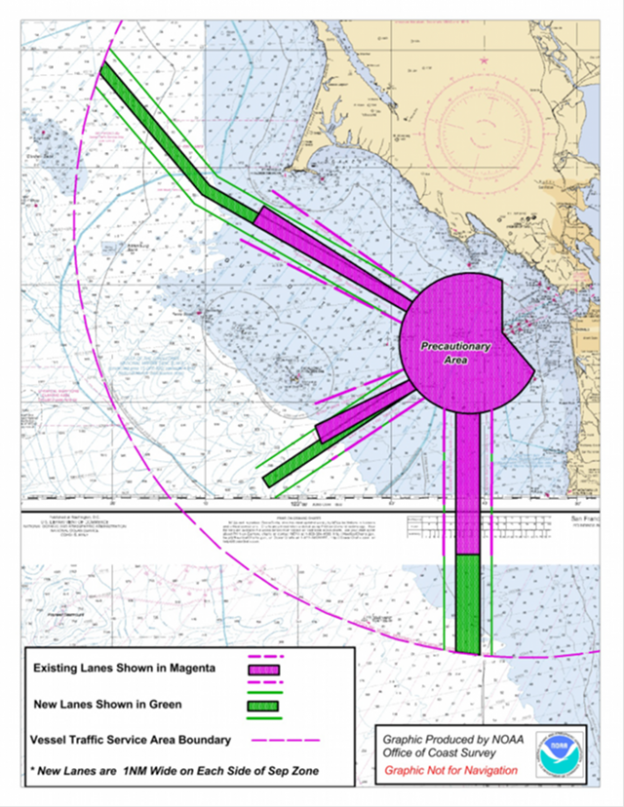 Map of proposed shipping lane extensions (in green) outside the San Francisco Bay.