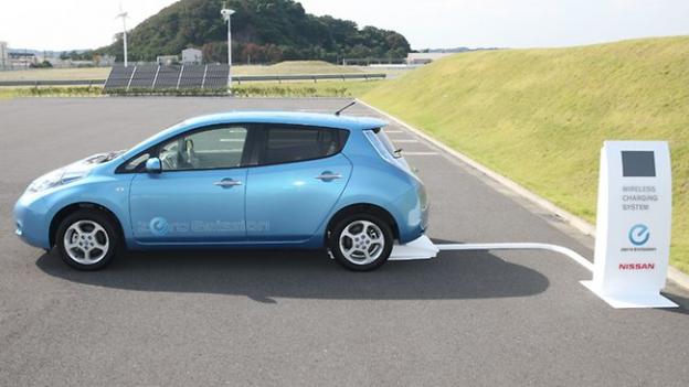 a car at a solar-driven charging station. Photo courtesy of Nissan. 