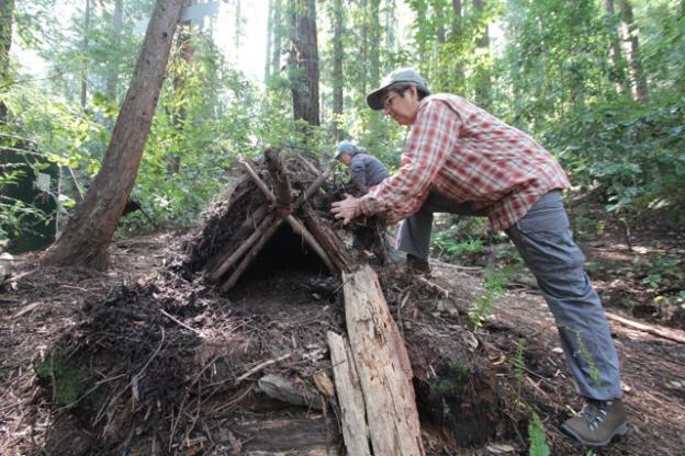 The rudiments of a debris shelter: sticks, leaves and elbow grease.