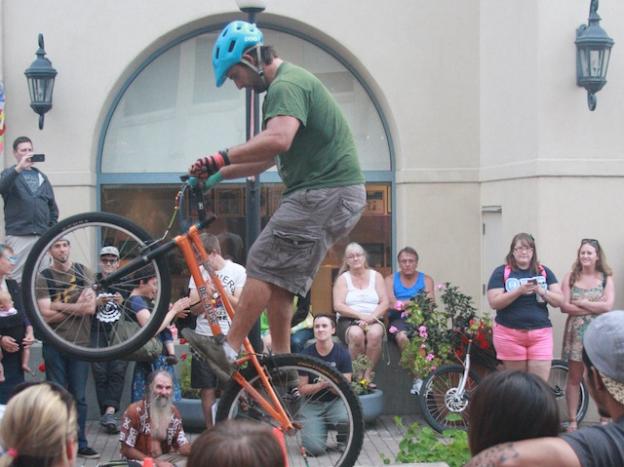 Matt Meyer performs feats of two-wheeled derring do at the MAH on Friday, May 1. 