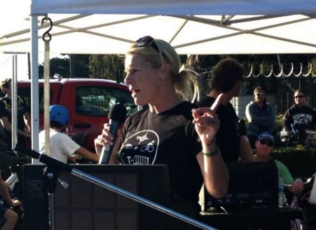 Mayor Hilary Bryant invokes the pump track spirits. Hanae Armitage photo.